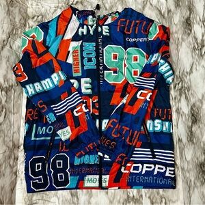 Copper Rivet Mesh Rain Hooded Zip Up Jacket XL Bold Graphic Sporty Blokecore